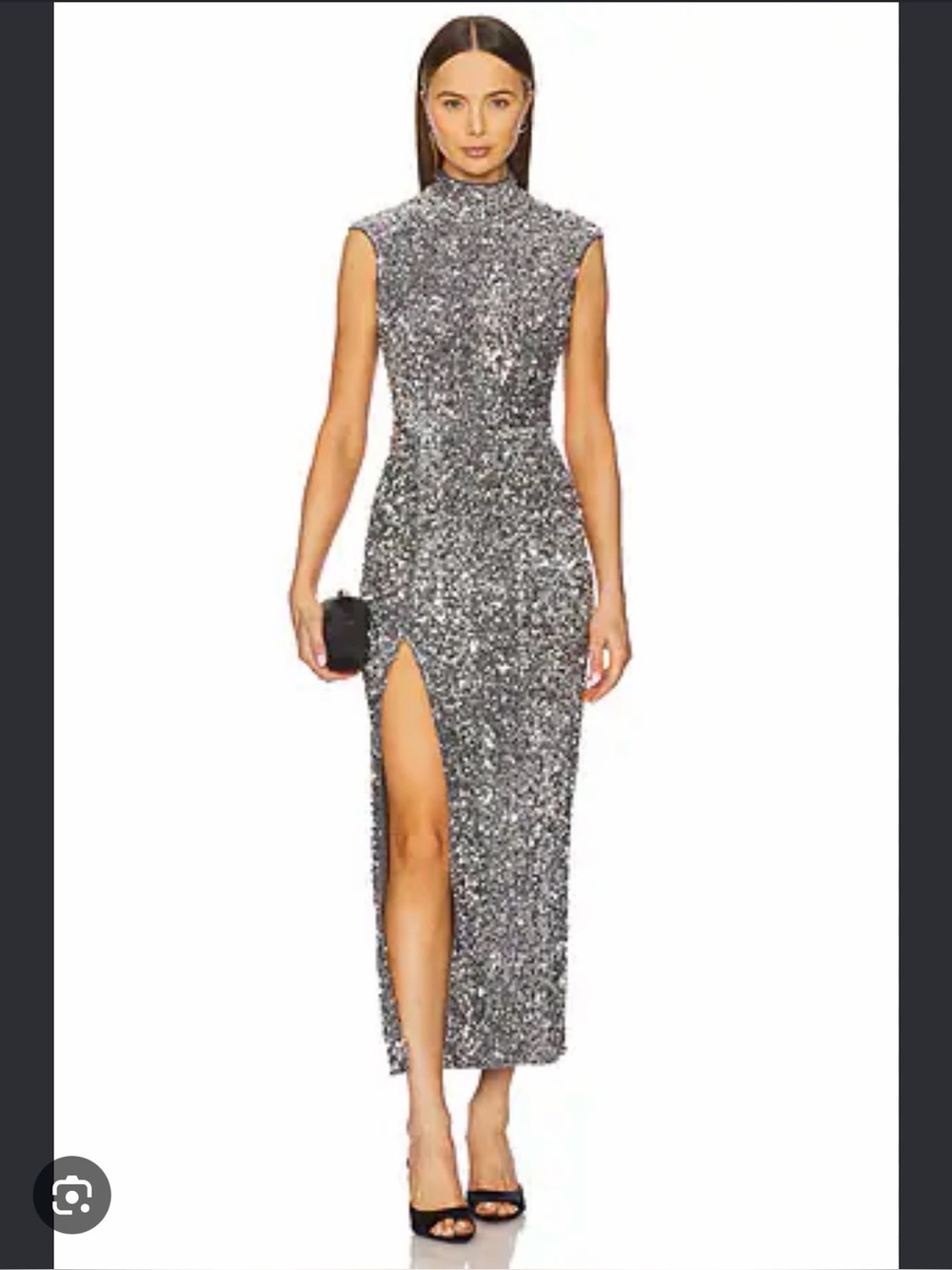 Bardot Silver Sequin High-Neck Slit Evening Dress